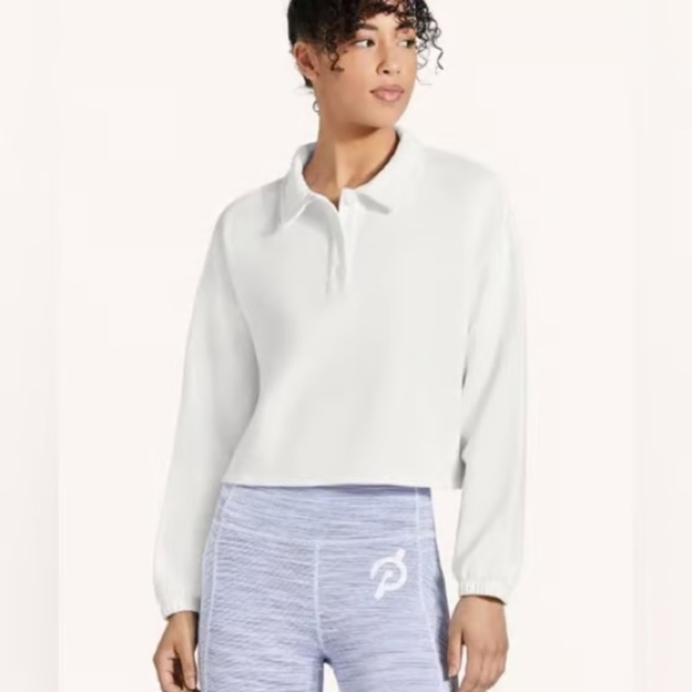 Peloton $68 Cropped Polo Sweatshirt White Purple Check Button Shirt Size Medium - Picture 8 of 8